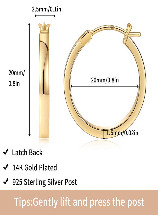 Gacimy Hoop Earrings for Women, 14K Gold Plated Flatted Hoops with 925 Sterling Silver Post, 20mm Medium Earrings for Women - Image 3